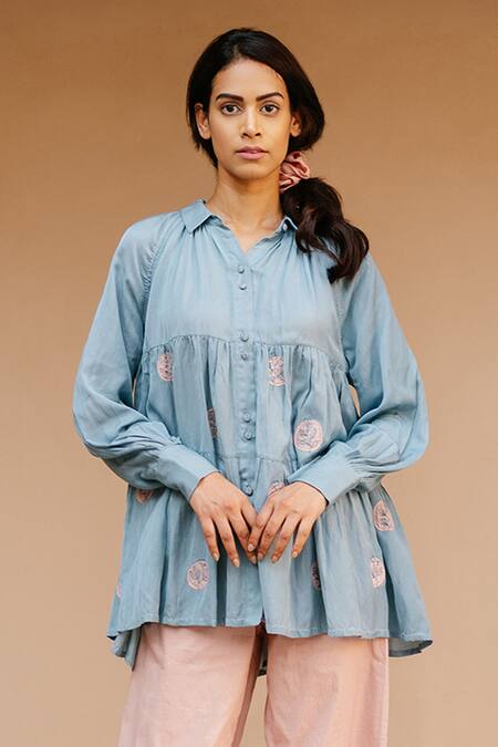 Shop Ayaka Blue 100% Organic Cotton Made With Soyabean Fibres Polka Dot Shirt Patchwork Online at Aza Fashions Shop_Ayaka_Blue 100% Organic Cotton Made With Soyabean Fibres Polka Dot Shirt Patchwork _Online_at_Aza_Fashions