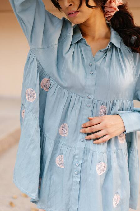 Ayaka Blue 100% Organic Cotton Made With Soyabean Fibres Polka Dot Shirt Patchwork at Aza Fashions Ayaka_Blue 100% Organic Cotton Made With Soyabean Fibres Polka Dot Shirt Patchwork _at_Aza_Fashions