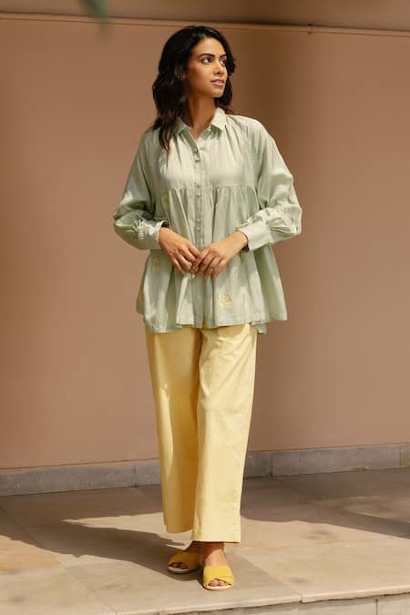 Ayaka Green 100% Organic Cotton Made With Soyabean Fibres Polka Dot Shirt Patchwork