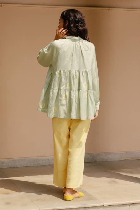 Shop Ayaka Green 100% Organic Cotton Made With Soyabean Fibres Polka Dot Shirt Patchwork at Aza Fashions Shop_Ayaka_Green 100% Organic Cotton Made With Soyabean Fibres Polka Dot Shirt Patchwork _at_Aza_Fashions