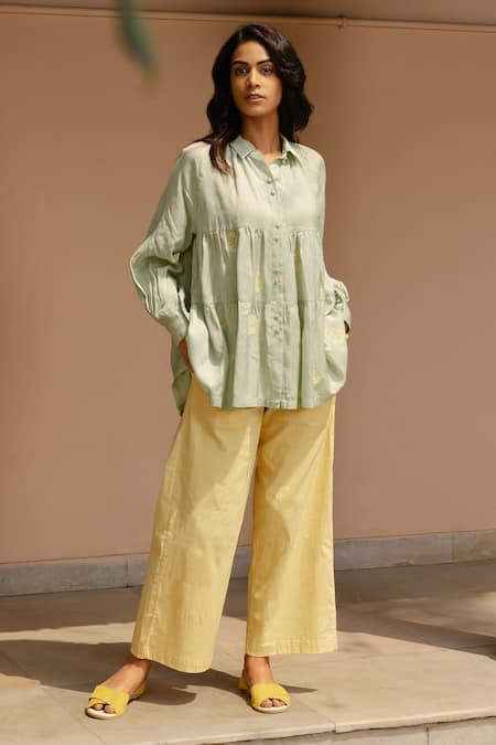 Buy Ayaka Green 100% Organic Cotton Made With Soyabean Fibres Polka Dot Shirt Patchwork Online at Aza Fashions Buy_Ayaka_Green 100% Organic Cotton Made With Soyabean Fibres Polka Dot Shirt Patchwork _Online_at_Aza_Fashions