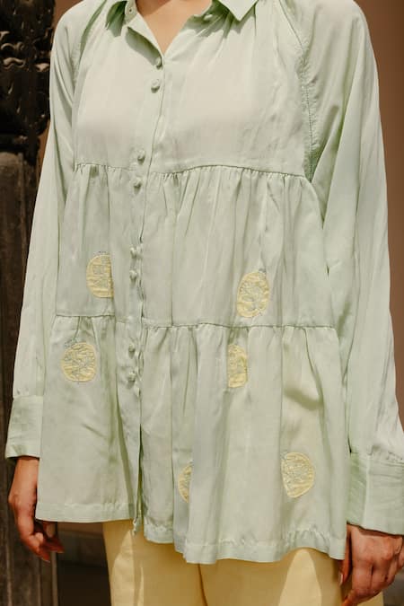 Shop Ayaka Green 100% Organic Cotton Made With Soyabean Fibres Polka Dot Shirt Patchwork Online at Aza Fashions Shop_Ayaka_Green 100% Organic Cotton Made With Soyabean Fibres Polka Dot Shirt Patchwork _Online_at_Aza_Fashions