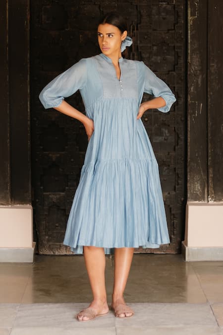 Ayaka Blue Dress 100% Chanderi, Lining 100% Mandarin Collar