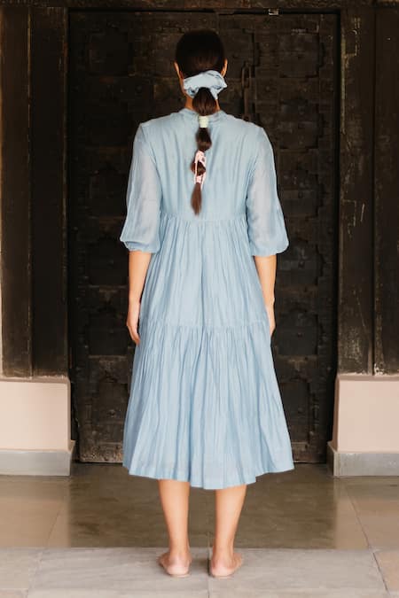 Shop Ayaka Blue Dress 100% Chanderi, Lining 100% Mandarin Collar at Aza Fashions Shop_Ayaka_Blue Dress 100% Chanderi, Lining 100% Mandarin Collar _at_Aza_Fashions