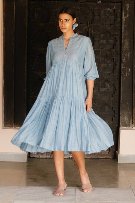 Ayaka Blue Dress 100% Chanderi, Lining 100% Mandarin Collar Online at Aza Fashions Ayaka_Blue Dress 100% Chanderi, Lining 100% Mandarin Collar _Online_at_Aza_Fashions