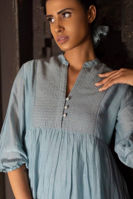 Ayaka Blue Dress 100% Chanderi, Lining 100% Mandarin Collar at Aza Fashions Ayaka_Blue Dress 100% Chanderi, Lining 100% Mandarin Collar _at_Aza_Fashions