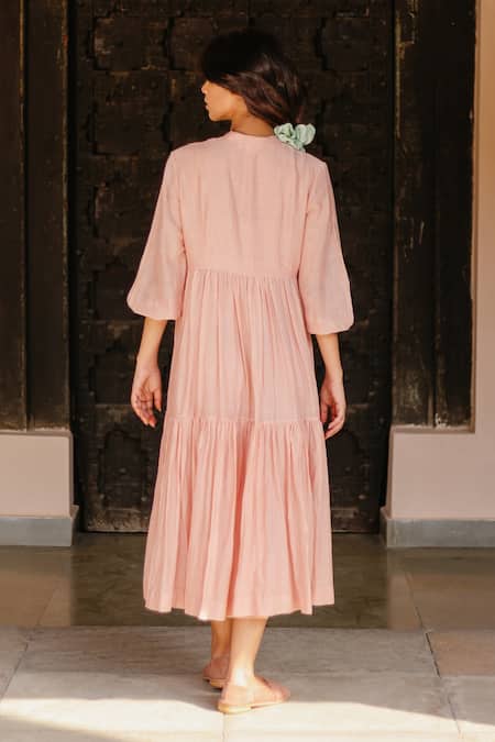 Shop Ayaka Pink Dress 100% Chanderi, Lining 100% Mandarin Collar Tiered at Aza Fashions Shop_Ayaka_Pink Dress 100% Chanderi, Lining 100% Mandarin Collar Tiered _at_Aza_Fashions