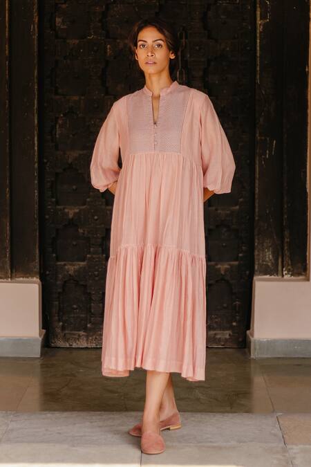 Ayaka Pink Dress 100% Chanderi, Lining 100% Mandarin Collar Tiered Online at Aza Fashions Ayaka_Pink Dress 100% Chanderi, Lining 100% Mandarin Collar Tiered _Online_at_Aza_Fashions