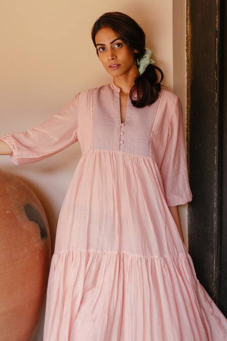 Buy Ayaka Pink Dress 100% Chanderi, Lining 100% Mandarin Collar Tiered Online at Aza Fashions Buy_Ayaka_Pink Dress 100% Chanderi, Lining 100% Mandarin Collar Tiered _Online_at_Aza_Fashions