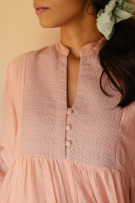 Shop Ayaka Pink Dress 100% Chanderi, Lining 100% Mandarin Collar Tiered Online at Aza Fashions Shop_Ayaka_Pink Dress 100% Chanderi, Lining 100% Mandarin Collar Tiered _Online_at_Aza_Fashions