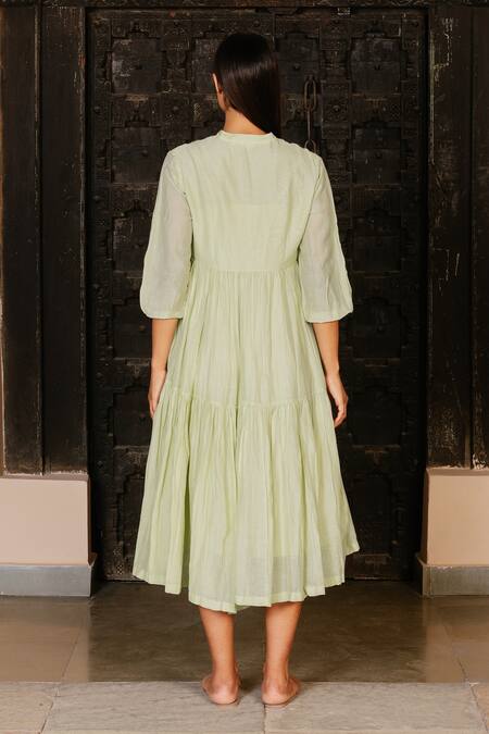Shop Ayaka Green Dress 100% Chanderi, Lining 100% Mandarin Collar at Aza Fashions Shop_Ayaka_Green Dress 100% Chanderi, Lining 100% Mandarin Collar _at_Aza_Fashions