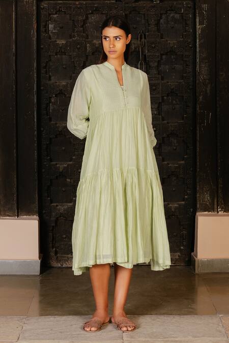 Ayaka Green Dress 100% Chanderi, Lining 100% Mandarin Collar Online at Aza Fashions Ayaka_Green Dress 100% Chanderi, Lining 100% Mandarin Collar _Online_at_Aza_Fashions