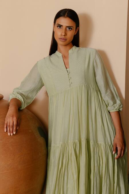 Shop Ayaka Green Dress 100% Chanderi, Lining 100% Mandarin Collar Online at Aza Fashions Shop_Ayaka_Green Dress 100% Chanderi, Lining 100% Mandarin Collar _Online_at_Aza_Fashions