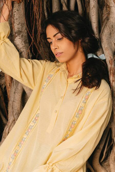 Shop Ayaka Yellow 100% Organic Cotton Made With Bamboo Fibres Floral Shirt Collar Dress Online at Aza Fashions Shop_Ayaka_Yellow 100% Organic Cotton Made With Bamboo Fibres Floral Shirt Collar Dress _Online_at_Aza_Fashions