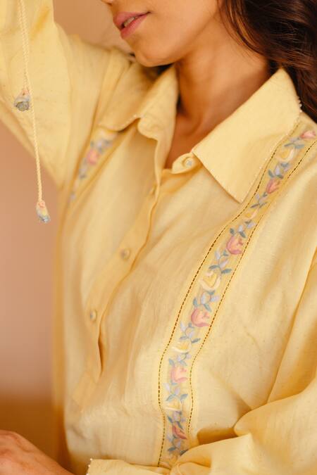 Ayaka Yellow 100% Organic Cotton Made With Bamboo Fibres Floral Shirt Collar Dress at Aza Fashions Ayaka_Yellow 100% Organic Cotton Made With Bamboo Fibres Floral Shirt Collar Dress _at_Aza_Fashions