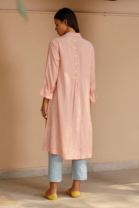 Shop Ayaka Pink 100% Organic Cotton Made With Bamboo Fibres Floral Shirt A-line Dress at Aza Fashions Shop_Ayaka_Pink 100% Organic Cotton Made With Bamboo Fibres Floral Shirt A-line Dress _at_Aza_Fashions