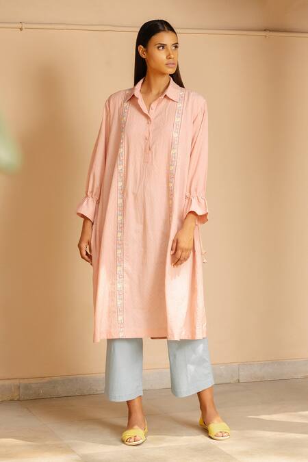 Ayaka Pink 100% Organic Cotton Made With Bamboo Fibres Floral Shirt A-line Dress Online at Aza Fashions Ayaka_Pink 100% Organic Cotton Made With Bamboo Fibres Floral Shirt A-line Dress _Online_at_Aza_Fashions