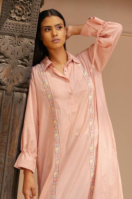 Buy Ayaka Pink 100% Organic Cotton Made With Bamboo Fibres Floral Shirt A-line Dress Online at Aza Fashions Buy_Ayaka_Pink 100% Organic Cotton Made With Bamboo Fibres Floral Shirt A-line Dress _Online_at_Aza_Fashions