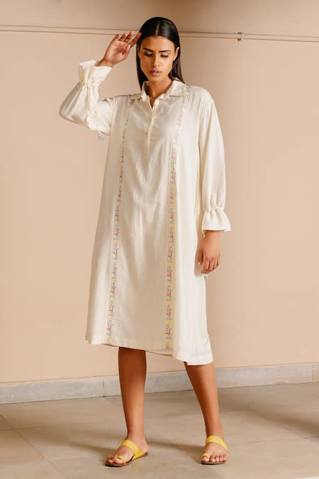 Ayaka White 100% Organic Cotton Made With Bamboo Fibres Floral Shirt Collar Dress