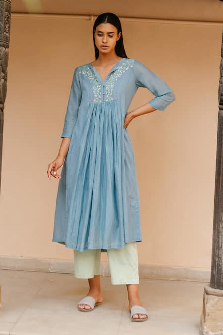 Ayaka Blue 100% Chanderi And 100% Organic Dobby Made With Pleated Tunic