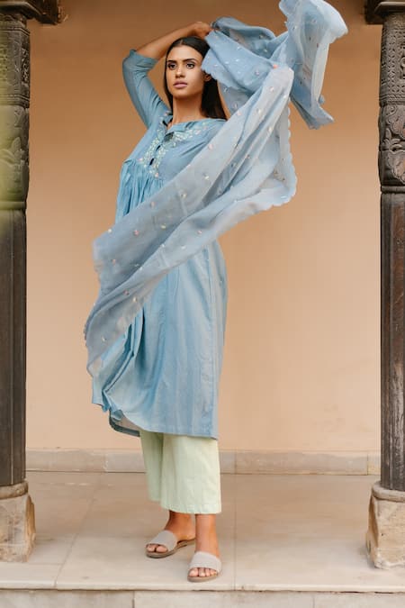 Shop Ayaka Blue 100% Chanderi And 100% Organic Dobby Made With Pleated Tunic at Aza Fashions Shop_Ayaka_Blue 100% Chanderi And 100% Organic Dobby Made With Pleated Tunic _at_Aza_Fashions