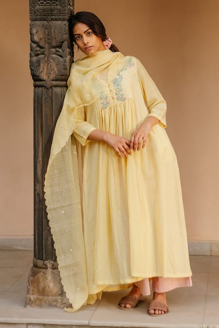 Shop Ayaka Yellow 100% Chanderi And 100% Organic Dobby Made Neck Pleated Tunic at Aza Fashions Shop_Ayaka_Yellow 100% Chanderi And 100% Organic Dobby Made Neck Pleated Tunic _at_Aza_Fashions