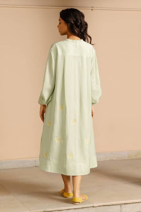 Shop Ayaka Green 100% Organic Cotton Made With Soyabean Fibres Polka Dot Patchwork Dress at Aza Fashions Shop_Ayaka_Green 100% Organic Cotton Made With Soyabean Fibres Polka Dot Patchwork Dress _at_Aza_Fashions