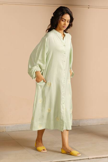 Ayaka Green 100% Organic Cotton Made With Soyabean Fibres Polka Dot Patchwork Dress Online at Aza Fashions Ayaka_Green 100% Organic Cotton Made With Soyabean Fibres Polka Dot Patchwork Dress _Online_at_Aza_Fashions