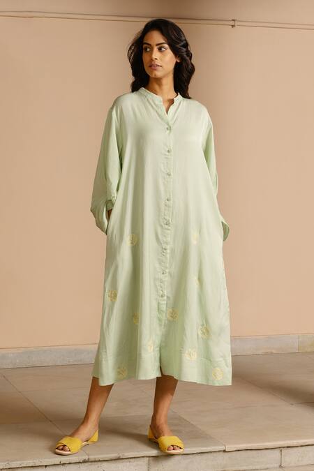 Shop Ayaka Green 100% Organic Cotton Made With Soyabean Fibres Polka Dot Patchwork Dress Online at Aza Fashions Shop_Ayaka_Green 100% Organic Cotton Made With Soyabean Fibres Polka Dot Patchwork Dress _Online_at_Aza_Fashions