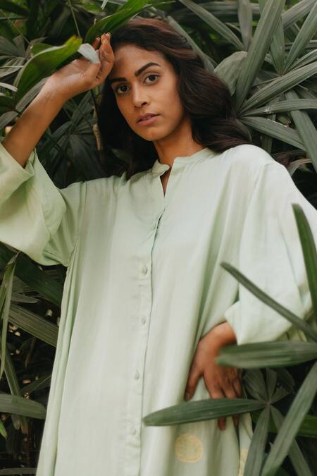 Ayaka Green 100% Organic Cotton Made With Soyabean Fibres Polka Dot Patchwork Dress at Aza Fashions Ayaka_Green 100% Organic Cotton Made With Soyabean Fibres Polka Dot Patchwork Dress _at_Aza_Fashions