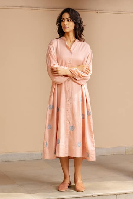 Shop Ayaka Pink 100% Organic Cotton Made With Soyabean Fibres Polka A-line Patchwork Dress at Aza Fashions Shop_Ayaka_Pink 100% Organic Cotton Made With Soyabean Fibres Polka A-line Patchwork Dress _at_Aza_Fashions