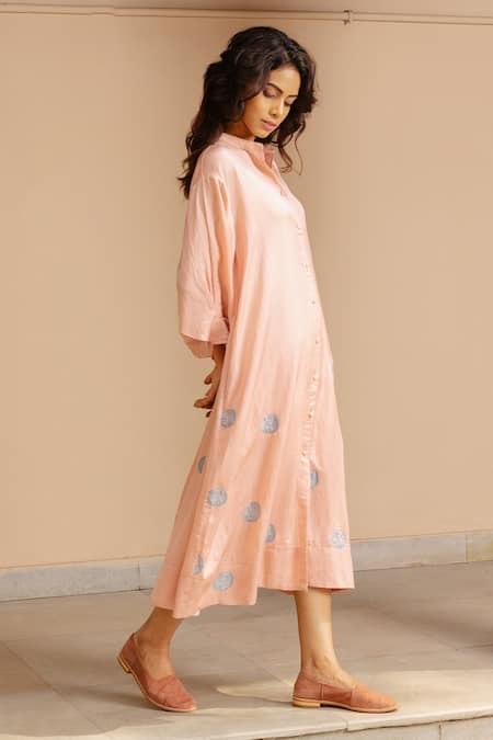 Ayaka Pink 100% Organic Cotton Made With Soyabean Fibres Polka A-line Patchwork Dress Online at Aza Fashions Ayaka_Pink 100% Organic Cotton Made With Soyabean Fibres Polka A-line Patchwork Dress _Online_at_Aza_Fashions