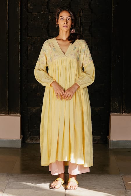 Ayaka Yellow 100% Chanderi, 100% Organic Dobby Made Gathered Tunic