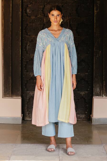 Ayaka_Blue 100% Chanderi, 100% Organic Dobby Made With Gathered Tunic_Online_at_Aza_Fashions