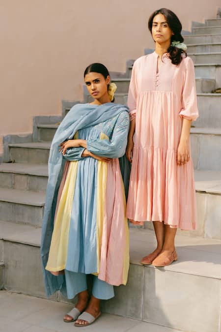 Buy_Ayaka_Blue 100% Chanderi, 100% Organic Dobby Made With Gathered Tunic_Online_at_Aza_Fashions