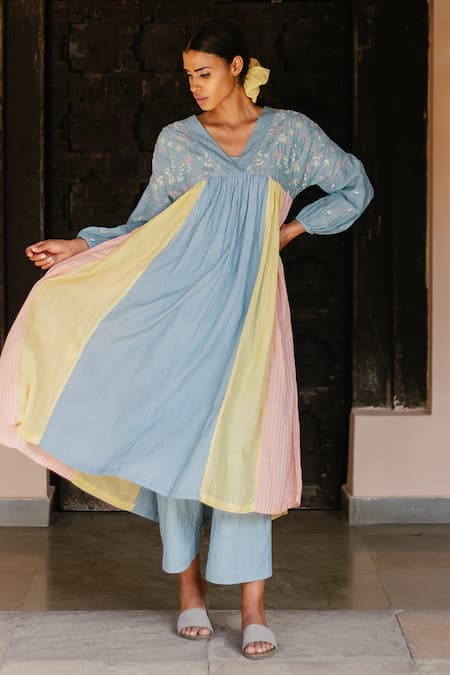 Shop_Ayaka_Blue 100% Chanderi, 100% Organic Dobby Made With Gathered Tunic_Online_at_Aza_Fashions