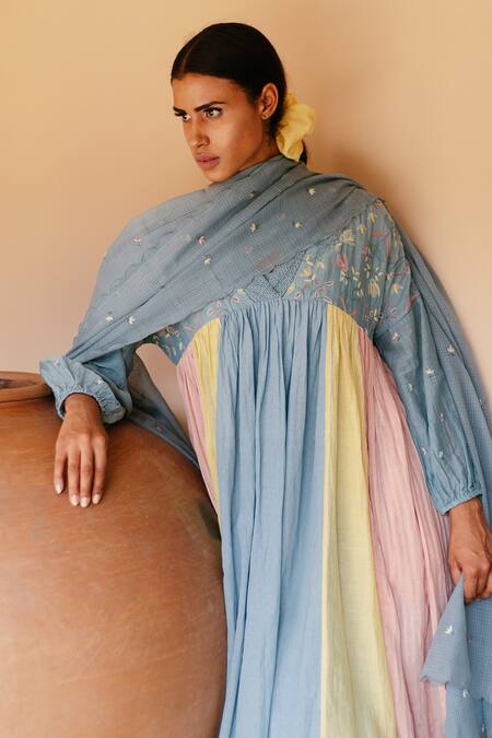 Ayaka_Blue 100% Chanderi, 100% Organic Dobby Made With Gathered Tunic_at_Aza_Fashions
