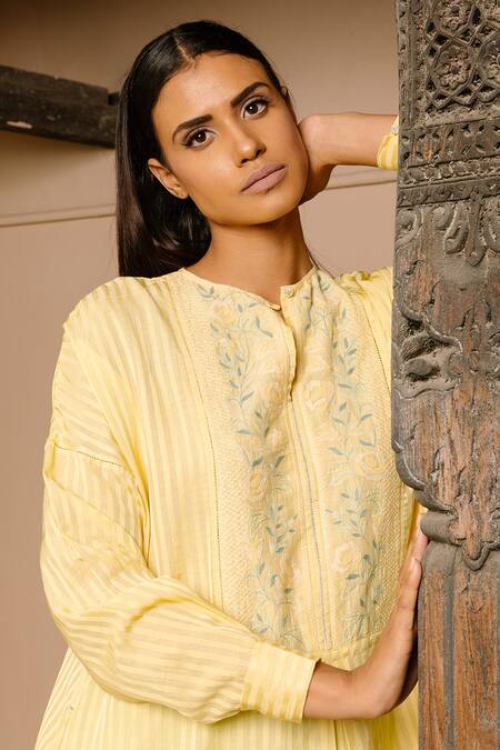 Buy_Ayaka_Yellow 100% Organic Cotton Stripes Made With Orange Fibres Floral Keyhole Dress_Online_at_Aza_Fashions