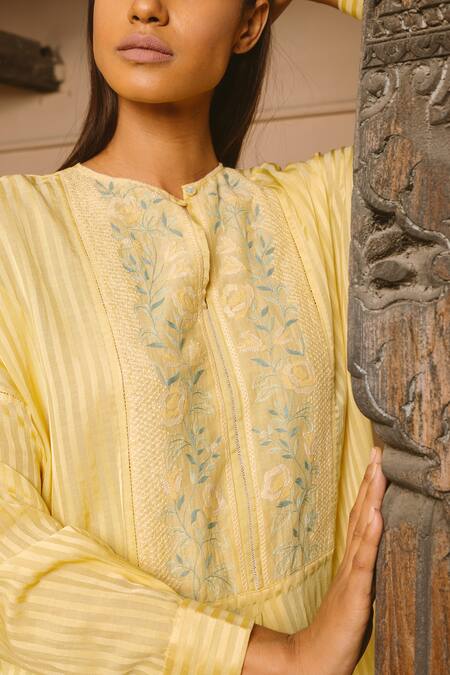 Shop_Ayaka_Yellow 100% Organic Cotton Stripes Made With Orange Fibres Floral Keyhole Dress_Online_at_Aza_Fashions