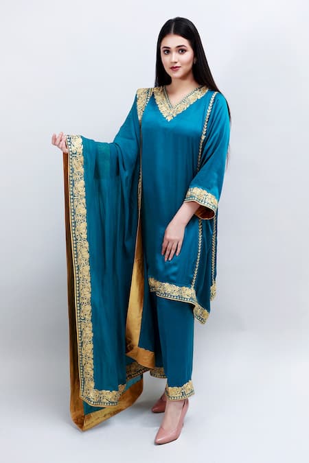 Daljit Sudan Blue German Satin And Georgette Tilla & Aari V Embroidered Phiran Kurta Pant Set
