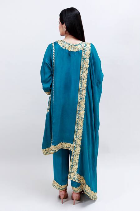 Shop Daljit Sudan Blue German Satin And Georgette Tilla & Aari V Embroidered Phiran Kurta Pant Set at Aza Fashions Shop_Daljit Sudan_Blue German Satin And Georgette Tilla & Aari V Embroidered Phiran Kurta Pant Set _at_Aza_Fashions