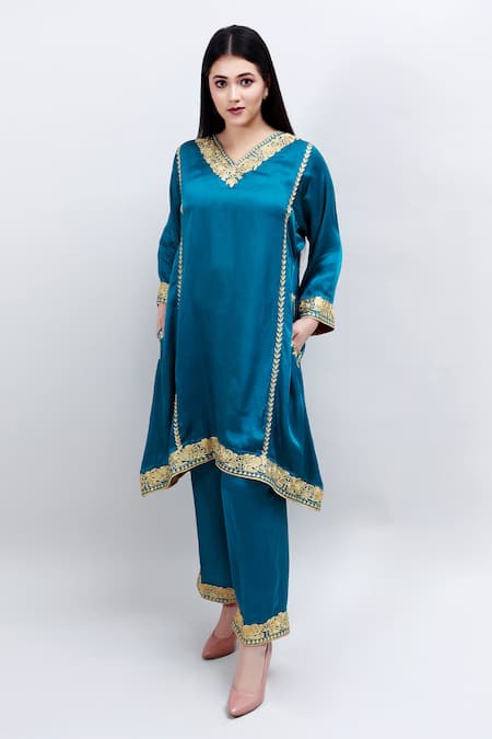 Buy Daljit Sudan Blue German Satin And Georgette Tilla & Aari V Embroidered Phiran Kurta Pant Set Online at Aza Fashions Buy_Daljit Sudan_Blue German Satin And Georgette Tilla & Aari V Embroidered Phiran Kurta Pant Set _Online_at_Aza_Fashions