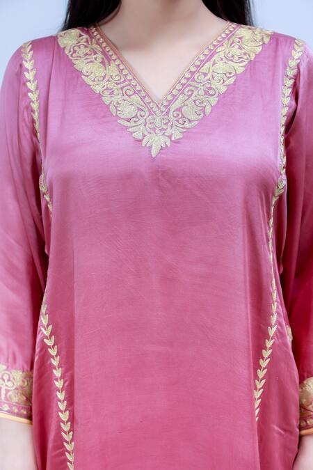 Shop Daljit Sudan Pink German Satin And Georgette Tilla & Aari V Embroidered Phiran Kurta Pant Set Online at Aza Fashions Shop_Daljit Sudan_Pink German Satin And Georgette Tilla & Aari V Embroidered Phiran Kurta Pant Set _Online_at_Aza_Fashions