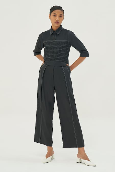 Corpora Studio Black Cotton Shirt Collar Pleated Pant Set 