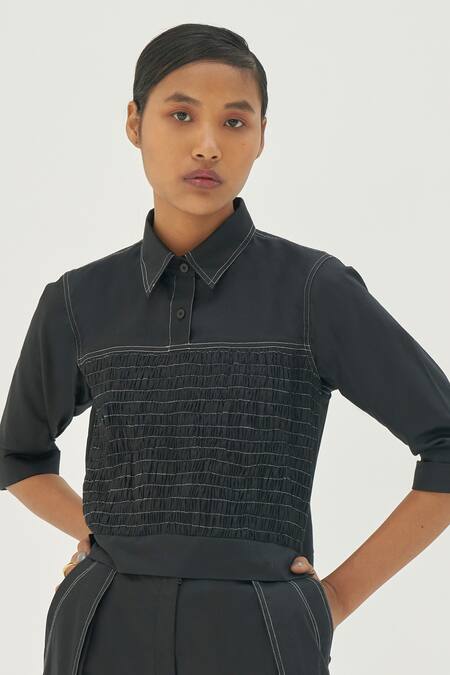 Corpora Studio_Black Cotton Shirt Collar Pleated Pant Set _Online_at_Aza_Fashions