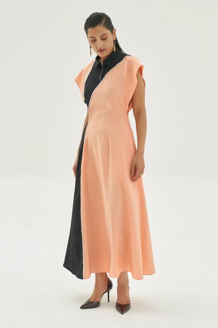 Corpora Studio_Peach Crepe Shirt Collar Colorblock A-line Dress_Online_at_Aza_Fashions