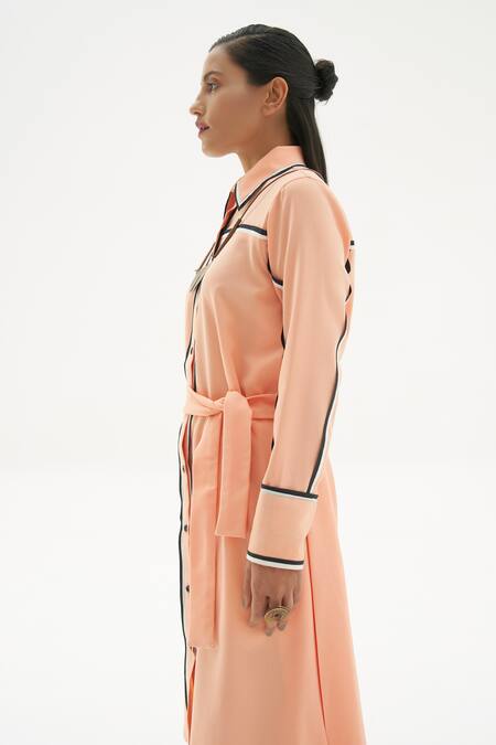 Corpora Studio_Peach Martin Crepe Shirt Collar Striped Dress _Online_at_Aza_Fashions