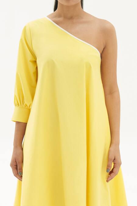 Corpora Studio_Yellow Cotton Lycra Asymmetric One Shoulder Flared Dress _Online_at_Aza_Fashions