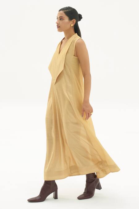 Corpora Studio_Gold Silk V Neck Dress _Online_at_Aza_Fashions