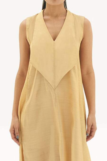 Buy_Corpora Studio_Gold Silk V Neck Dress _Online_at_Aza_Fashions